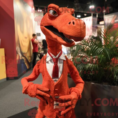 Costume De Mascotte Redbrokoly De Coelophysis Rouge Habillé D Une Robe Droite Et D Épingles À Cravate