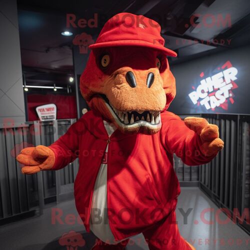 Costume Mascotte Redbrokoly De T Rex Rouge Habillé D Un Sweat Et De Bérets