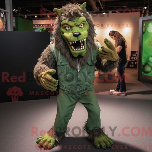 Mascotte Redbrokoly De Loup-Garou Vert Costume De Personnage Habillé Avec Un Pantalon Chino Et Des Lacets De Chaussures