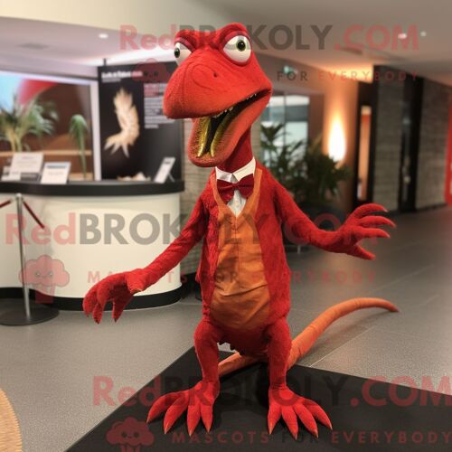 Costume De Mascotte Redbrokoly De Coelophysis Rouge Habillé D Une Robe Droite Et D Épingles À Cravate