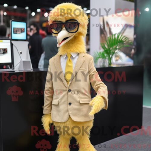 Costume De Mascotte Redbrokoly D Autruche Dorée Personnage Habillé D Un Pantalon De Costume Et De Lunettes