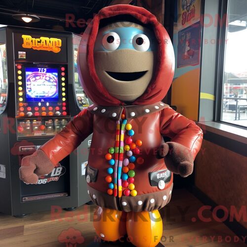 Personnage De Costume De Mascotte Redbrokoly Rust Gumball Machine Habillé Avec Un Blouson Aviateur Et Des Châles