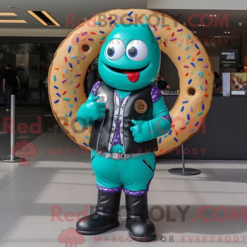 Costume Mascotte Redbrokoly De Beignet Turquoise Habillé D Une Veste En Cuir Et De Broches
