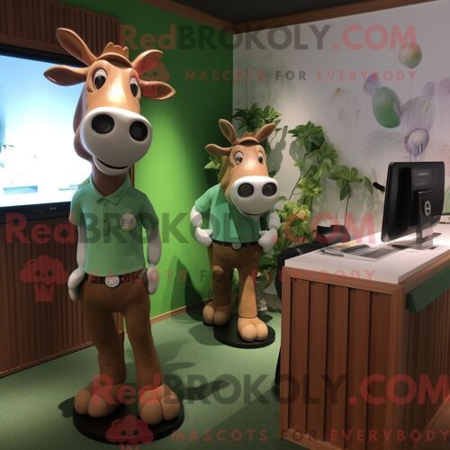 Costume De Mascotte Redbrokoly De Vache En Jersey Olive Personnage Habillé Avec Un Polo Et Des Montres