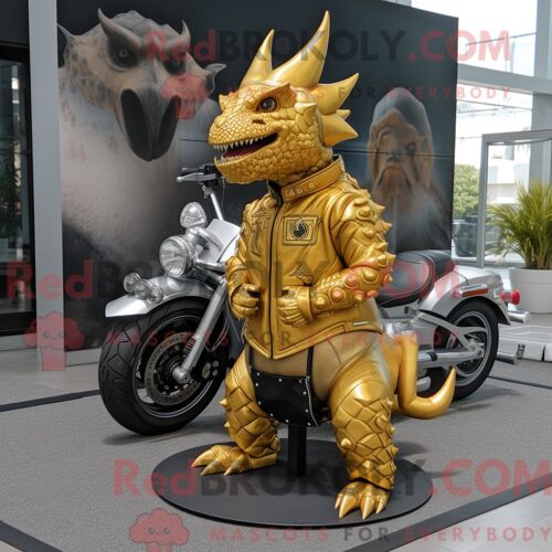Costume Mascotte Redbrokoly De Triceratops Doré Personnage Habillé D Une Veste De Moto Et De Broches