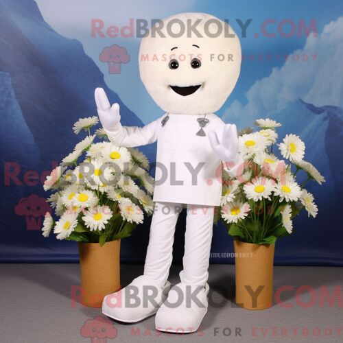 Costume Mascotte Redbrokoly De Bouquet De Fleurs Blanc Personnage Habillé Avec Un Jean Bootcut Et Des Pinces À Chaussures