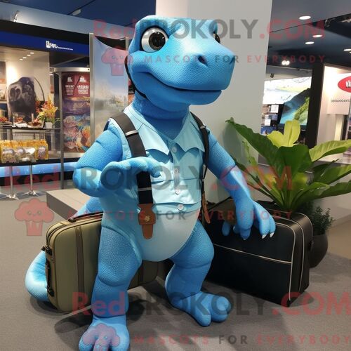 Costume De Mascotte Redbrokoly De Dragon De Komodo Bleu Ciel Personnage Habillé Avec Un Bikini Et Des Sacs Messager