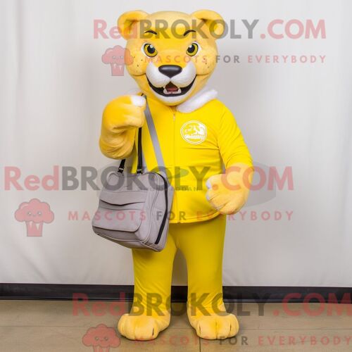Personnage De Costume De Mascotte Redbrokoly De Lion De Montagne Jaune Citron Habillé Avec Un Pantalon De Jogging Et Un Portefeuille