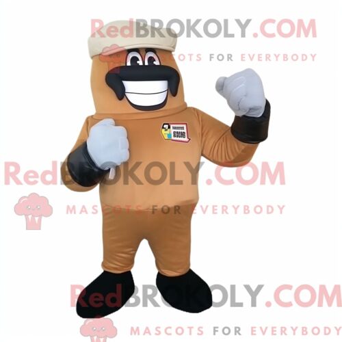Personnage De Costume De Mascotte Redbrokoly De Gant De Boxe Beige Habillé D Une Salopette Et De Montres Numériques