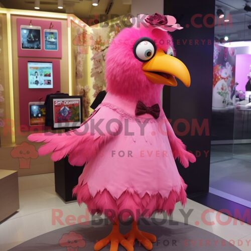 Costume Mascotte Redbrokoly De Corbeau Rose Personnage Habillé Avec Une Robe Et Des Broches