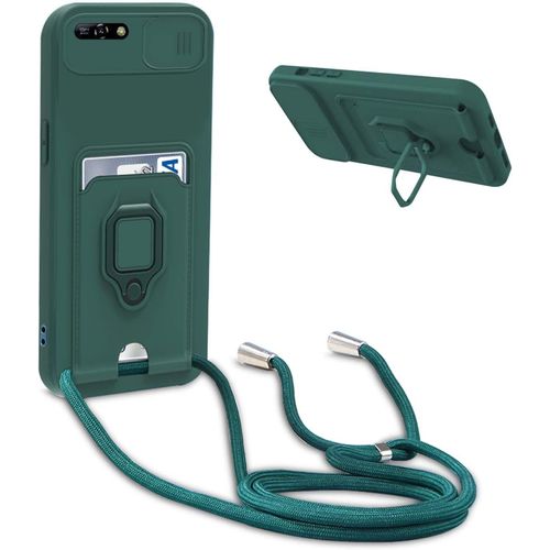 Coque Compatible Avec Huawei Y6 2018 / Honor 7a,Collier Pour Étui Colliers De Cellulaire Réglable Lanyard Silicone Case,Protection Caméra,Support Annulaire,Fentes Pour Cartes,Vert Foncé