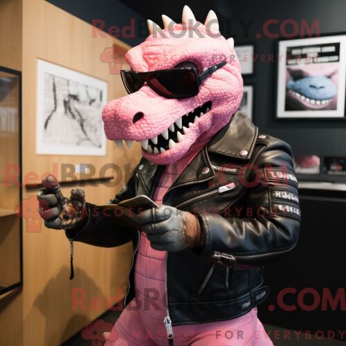 Costume Mascotte Redbrokoly D Iguanodon Rose Personnage Habillé D Une Veste De Motard Et De Lunettes De Lecture