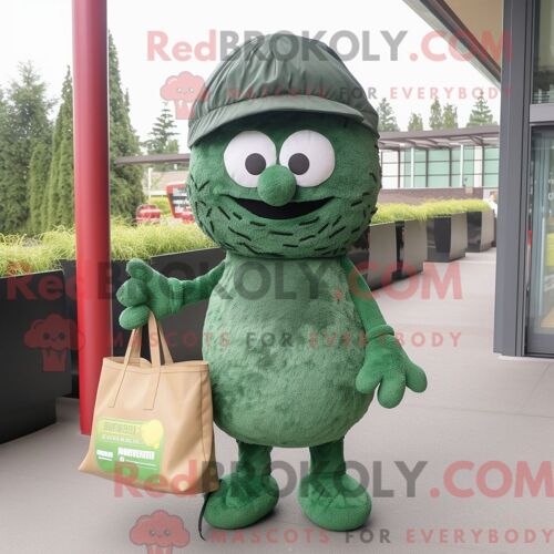 Personnage De Costume De Mascotte Redbrokoly De Boulettes De Viande Vert Forêt Habillé D Une Dissimulation Et De Sacs Fourre-Tout