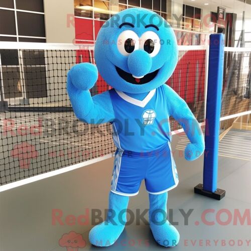 Costume Mascotte Redbrokoly De Filet De Volley-Ball Bleu Personnage Habillé D Une Combinaison Et De Pochettes De Costume