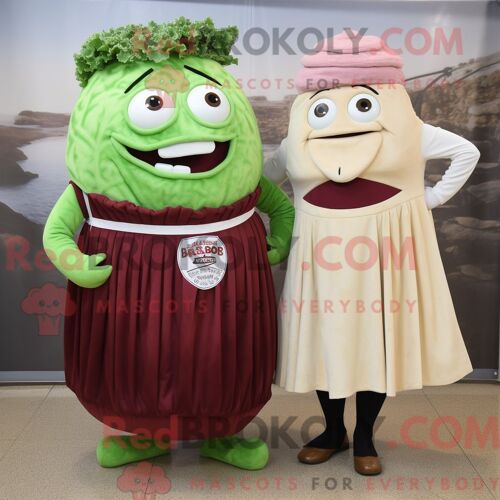 Personnage De Costume De Mascotte Redbrokoly De Corned-Beef Et De Chou Habillé Avec Une Robe Midi Et Des Ceintures