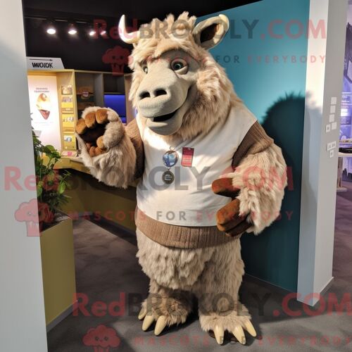 Mascotte Redbrokoly De Rhinocéros Laineux Beige Costume De Personnage Habillé Avec Un Gilet Et Des Porte-Clés