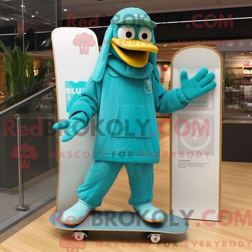 Personnage De Costume De Mascotte Redbrokoly De Skateboard Bleu Sarcelle Habillé Avec Un Imperméable Et Des Coussinets De Pied