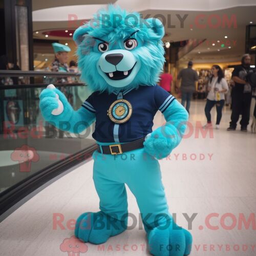 Costume De Mascotte Redbrokoly De Lion Tamer Turquoise Habillé D Un Jegging Et De Montres Bracelet
