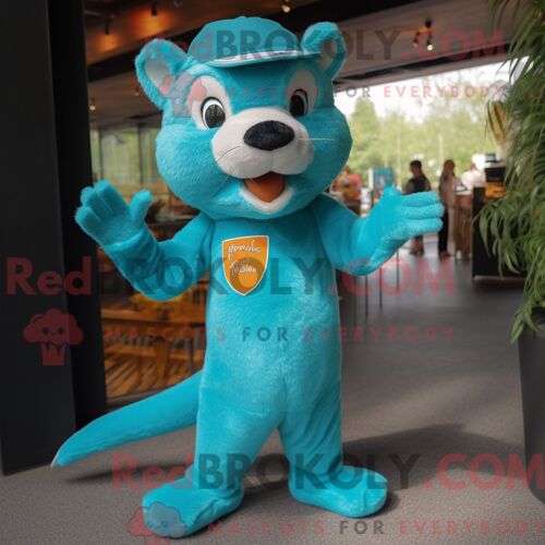 Costume De Mascotte Redbrokoly De Mangouste Turquoise Habillé Avec Un Polo Et Des Épingles À Cheveux