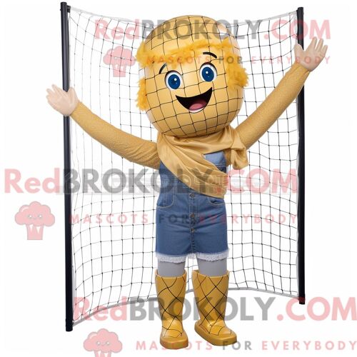 Personnage De Costume De Mascotte Redbrokoly De Filet De Volley-Ball Doré Habillé D Un Jean De Maman Et De Clips D Écharpe