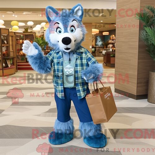 Costume De Mascotte Redbrokoly Blue Say Wolf Habillé Avec Une Chemise En Flanelle Et Des Sacs Fourre-Tout