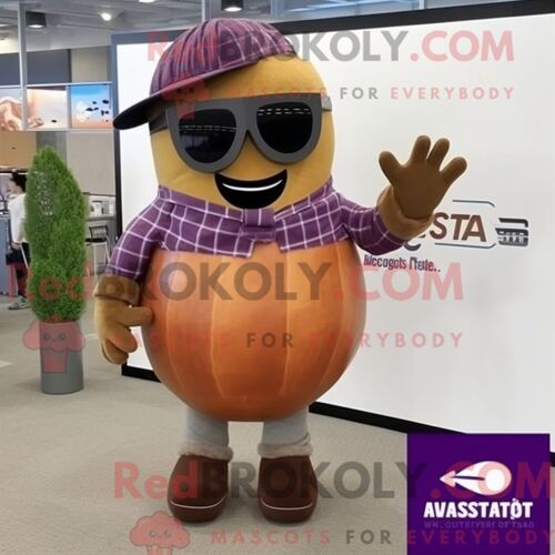 Personnage De Costume De Mascotte Redbrokoly D Aubergine Marron Habillé Avec Une Chemise En Flanelle Et Des Lunettes De Soleil