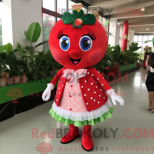 Personnage De Costume De Mascotte Redbrokoly De Fraise Habillé Avec Une Mini-Jupe Et Des Boutons De Manchette