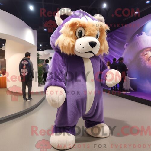 Costume De Mascotte Redbrokoly De Tigre À Dents De Sabre Lavande Personnage Habillé Avec Un Sweat À Capuche Et Des Boucles D Oreilles