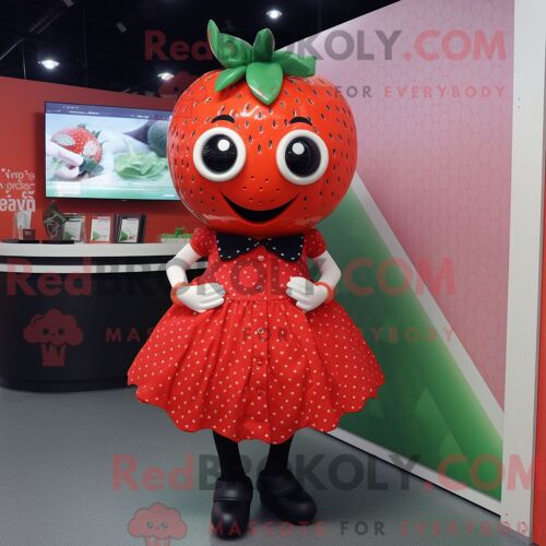 Personnage De Costume De Mascotte Redbrokoly De Fraise Habillé Avec Une Mini-Jupe Et Des Boutons De Manchette