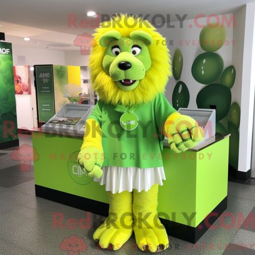 Costume De Mascotte Redbrokoly De Lion Vert Citron Habillé D Une Jupe Portefeuille Et De Boutons De Manchette