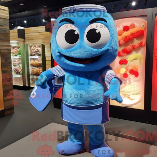 Costume De Mascotte Redbrokoly De Sushi Bleu Habillé D Un Polo Et De Sacs Besaces