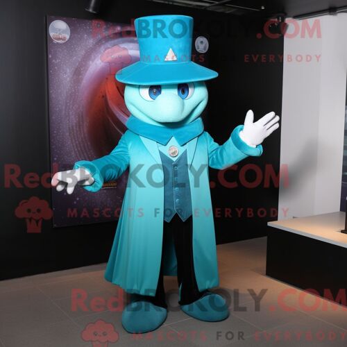 Costume Mascotte Redbrokoly De Magicien Turquoise Habillé D Un Blazer Et De Gants
