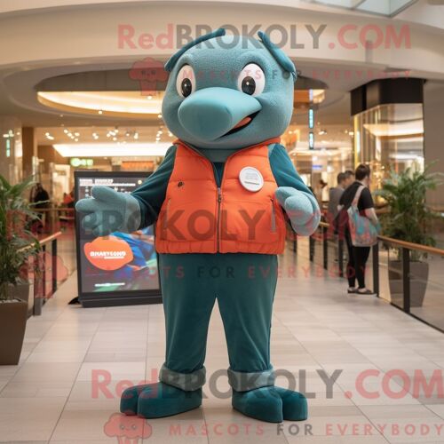 Costume De Mascotte Redbrokoly De Saumon Bleu Sarcelle Habillé D Un Pull Et De Montres Intelligentes