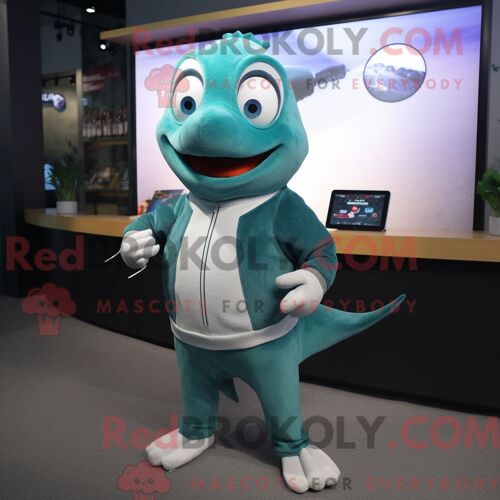 Costume De Mascotte Redbrokoly De Saumon Bleu Sarcelle Habillé D Un Pull Et De Montres Intelligentes