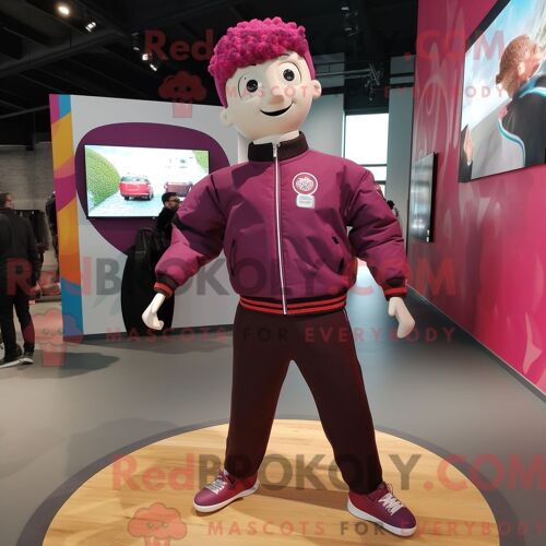 Costume De Mascotte Redbrokoly Magenta Guinness Habillé Avec Un Blouson Aviateur Et Des Lacets De Chaussures