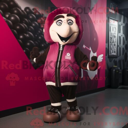 Costume De Mascotte Redbrokoly Magenta Guinness Habillé Avec Un Blouson Aviateur Et Des Lacets De Chaussures