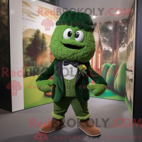 Costume De Mascotte Redbrokoly De Grenade Vert Forêt Habillé D Un Pantalon En Velours Côtelé Et De Noeuds Papillons