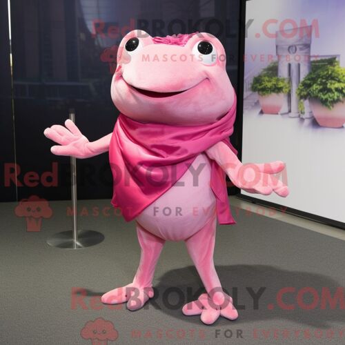 Costume De Mascotte Redbrokoly De Grenouille Rose Habillé Avec Un Jean Bootcut Et Des Châles