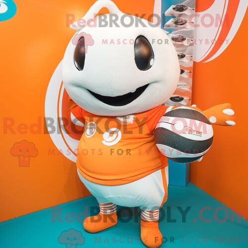 Costume Mascotte Redbrokoly De Narval Orange Personnage Habillé Avec Une Chemise De Rugby Et Des Bagues