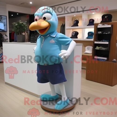 Costume De Mascotte Redbrokoly De Colombe Turquoise Habillé D Un T-Shirt Polo Et De Pinces À Chaussures