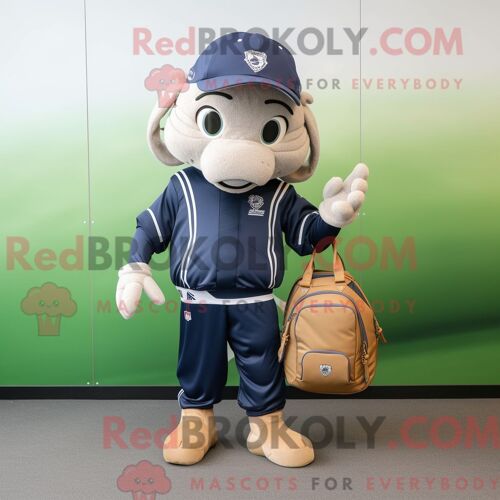 Costume De Mascotte Redbrokoly De Casque De Football Américain De La Marine Personnage Habillé D Une Veste Et De Sacs Fourre-Tout