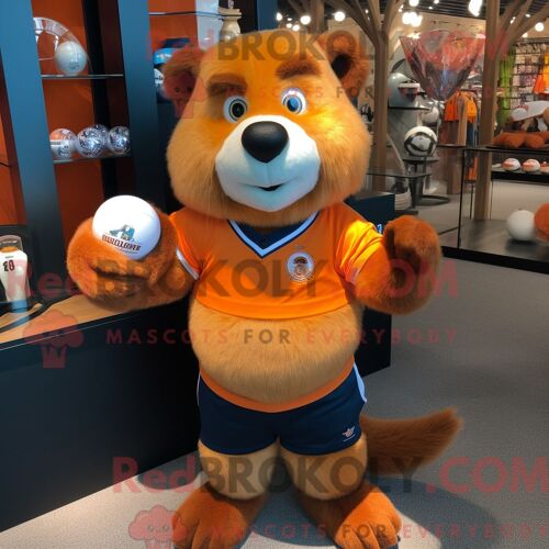 Costume De Mascotte Redbrokoly De Castor Orange Personnage Habillé D Une Chemise De Rugby Et De Montres-Bracelets