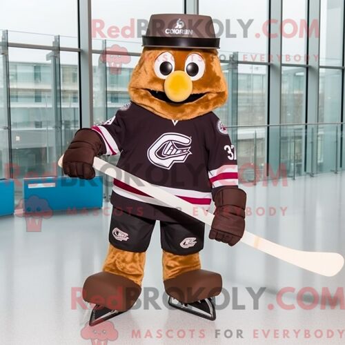 Mascotte Redbrokoly De Bâton De Hockey Sur Glace Marron Personnage Habillé D Une Robe De Bal Et De Bérets