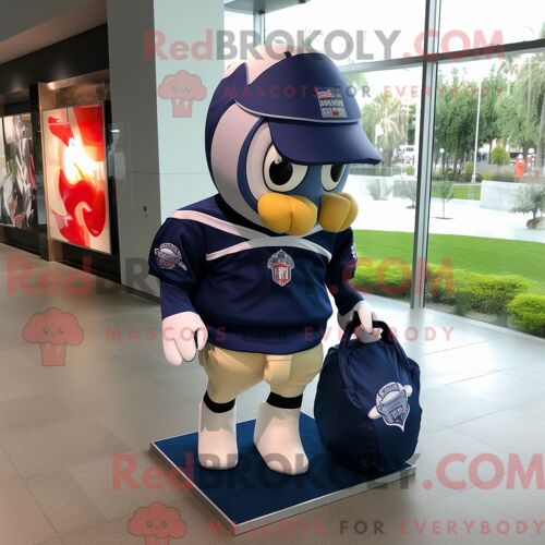 Costume De Mascotte Redbrokoly De Casque De Football Américain De La Marine Personnage Habillé D Une Veste Et De Sacs Fourre-Tout