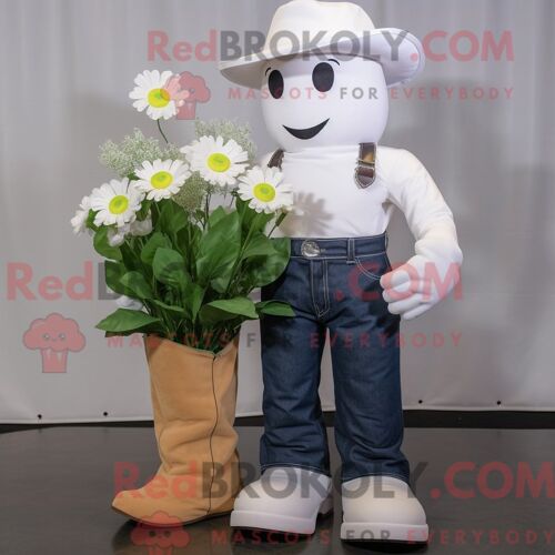 Costume Mascotte Redbrokoly De Bouquet De Fleurs Blanc Personnage Habillé Avec Un Jean Bootcut Et Des Pinces À Chaussures