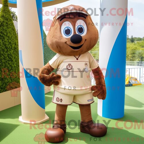 Personnage De Costume De Mascotte Redbrokoly De But De Football Marron Habillé Avec Un Pantalon Chino Et Des Bracelets De Cheville