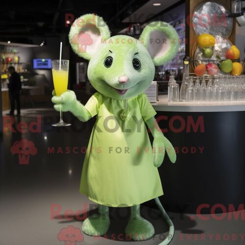 Mascotte Redbrokoly De Souris Vert Citron Personnage Habillé Avec Une Robe De Cocktail Et Des Épingles À Cheveux