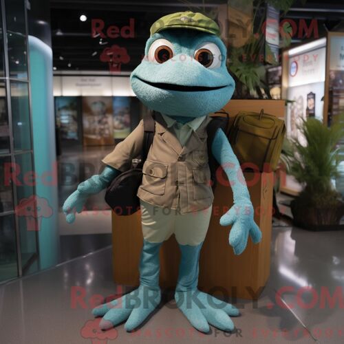 Costume De Mascotte Redbrokoly De Grenouille Bleu Sarcelle Habillé D Un Pantalon Cargo Et De Pochettes De Costume