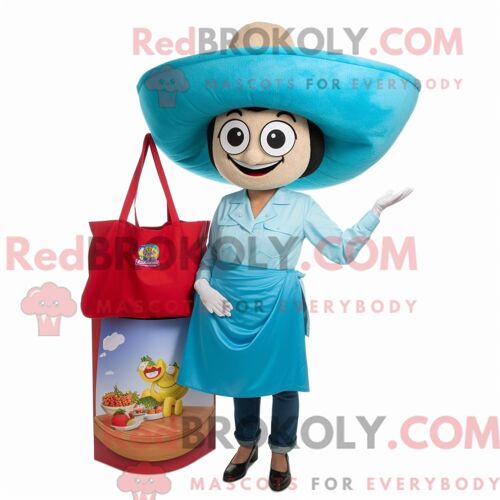 Costume Mascotte Redbrokoly De Fajitas Bleu Ciel Personnage Habillé D Un Chemisier Et De Sacs Fourre-Tout