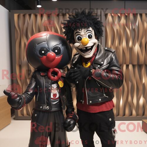 Costume Mascotte Redbrokoly De Clown Noir Habillé D Une Veste En Cuir Et De Porte-Clés